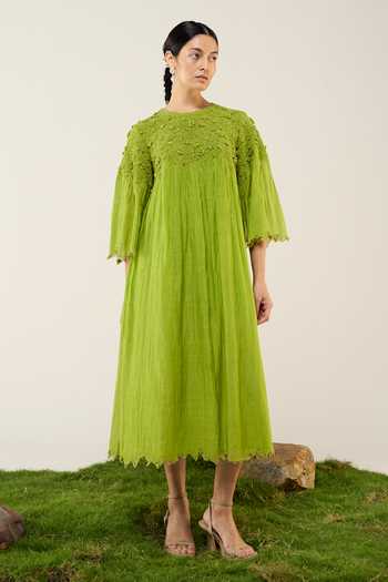 Ilk_Lime Silk, Chanderi Embroidery Round Neck Fern Dew Dress _at_Aza_Fashions