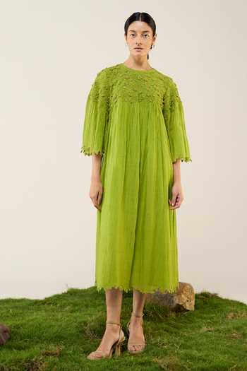 Buy_Ilk_Lime Silk, Chanderi Embroidery Round Neck Fern Dew Dress 