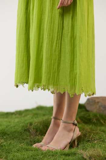 Shop_Ilk_Lime Silk, Chanderi Embroidery Round Neck Fern Dew Dress 