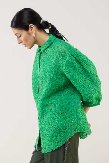 Ilk_Green Silk Organza Embroidery, Smocking Collared Meadow Smocked Shirt _Online_at_Aza_Fashions
