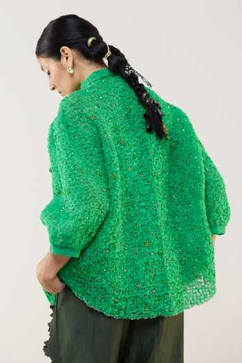 Shop_Ilk_Green Silk Organza Embroidery, Smocking Collared Meadow Smocked Shirt _at_Aza_Fashions