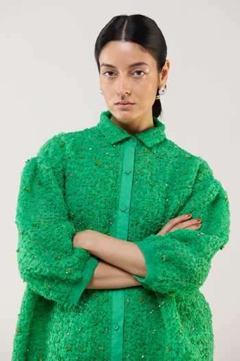 Buy_Ilk_Green Silk Organza Embroidery, Smocking Collared Meadow Smocked Shirt _Online_at_Aza_Fashions