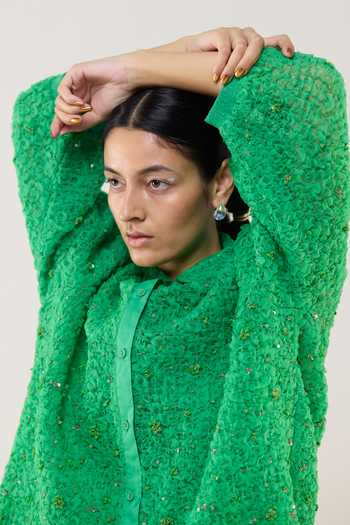 Shop_Ilk_Green Silk Organza Embroidery, Smocking Collared Meadow Smocked Shirt _Online_at_Aza_Fashions