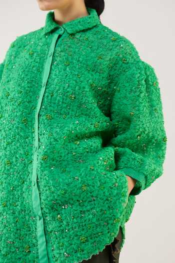 Ilk_Green Silk Organza Embroidery, Smocking Collared Meadow Smocked Shirt _at_Aza_Fashions