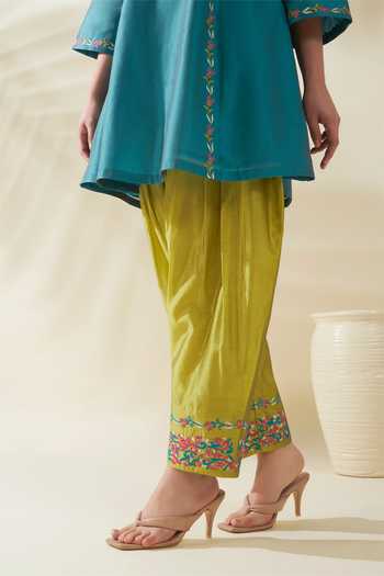 Buy_Origani_Blue Chanderi Silk Embroidery V-neck Resham Kurta And Salwar Set _Online_at_Aza_Fashions