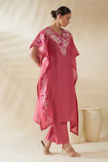 Buy_Origani_Pink Chanderi Silk Embroidery V-neck Resham Kaftan And Pant Set _Online_at_Aza_Fashions