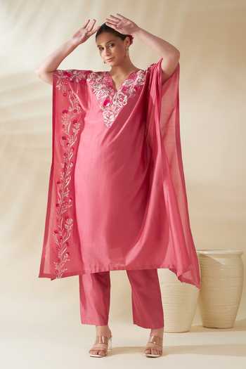 Shop_Origani_Pink Chanderi Silk Embroidery V-neck Resham Kaftan And Pant Set _Online_at_Aza_Fashions