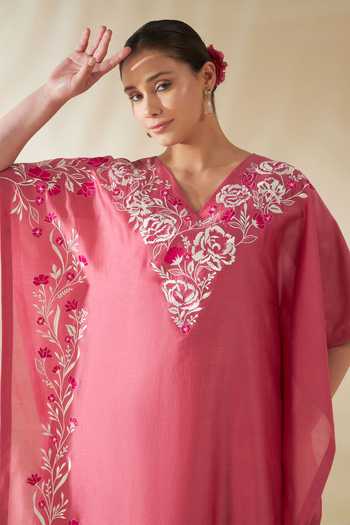 Origani_Pink Chanderi Silk Embroidery V-neck Resham Kaftan And Pant Set _at_Aza_Fashions