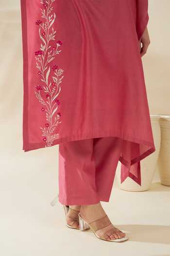 Buy_Origani_Pink Chanderi Silk Embroidery V-neck Resham Kaftan And Pant Set 