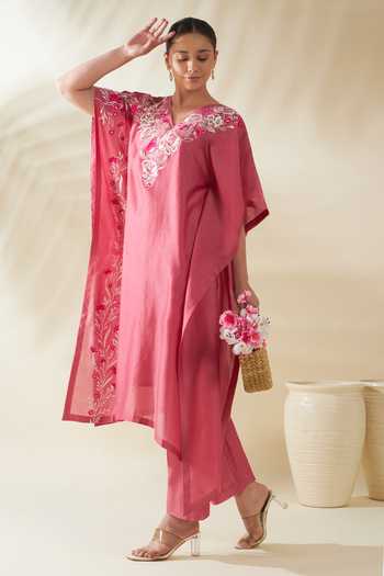 Shop_Origani_Pink Chanderi Silk Embroidery V-neck Resham Kaftan And Pant Set 