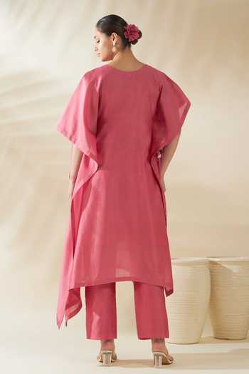 Origani_Pink Chanderi Silk Embroidery V-neck Resham Kaftan And Pant Set _Online_at_Aza_Fashions