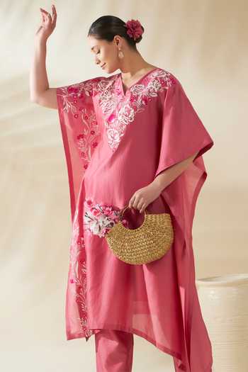 Origani_Pink Chanderi Silk Embroidery V-neck Resham Kaftan And Pant Set _Online