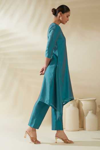 Buy_Origani_Blue Chanderi Silk Embroidery V-neck, Yes Resham Yoke Kurta And Pant Set _Online_at_Aza_Fashions