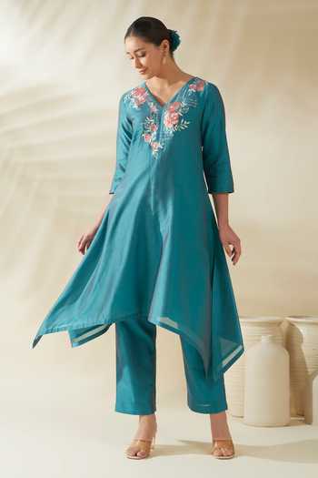 Buy_Origani_Blue Chanderi Silk Embroidery V-neck, Yes Resham Yoke Kurta And Pant Set _at_Aza_Fashions