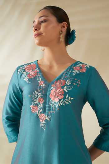 Shop_Origani_Blue Chanderi Silk Embroidery V-neck, Yes Resham Yoke Kurta And Pant Set 
