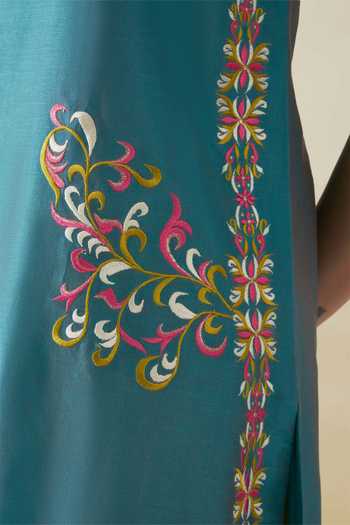 Shop_Origani_Blue Chanderi Silk Embroidery Round Neck Kurta And Pant Set _Online_at_Aza_Fashions