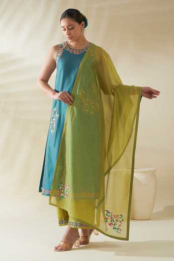 Shop_Origani_Blue Chanderi Silk Embroidery Round Neck Kurta And Pant Set _at_Aza_Fashions
