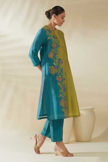 Origani_Blue Chanderi Silk Embroidery, Applique Mandarin Color Block Kurta And Pant Set _at_Aza_Fashions