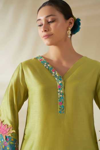 Origani_Blue Chanderi Silk Embroidery, Applique V-neck, Yes Kurta And Pant Set _Online