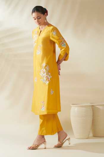 Buy_Origani_Yellow Chanderi Silk Embroidery Round Neck Kurta And Pant Set _Online_at_Aza_Fashions