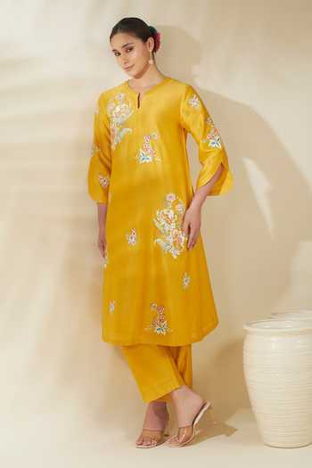 Shop_Origani_Yellow Chanderi Silk Embroidery Round Neck Kurta And Pant Set _Online_at_Aza_Fashions