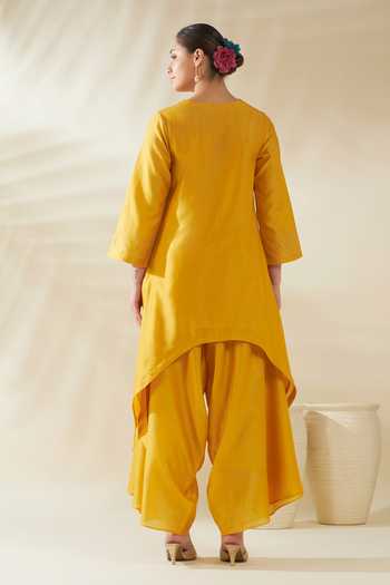 Origani_Yellow Chanderi Silk Embroidery Round Neck, Asymmetric Resham Kurta And Pant Set _Online_at_Aza_Fashions