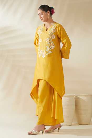 Buy_Origani_Yellow Chanderi Silk Embroidery Round Neck, Asymmetric Resham Kurta And Pant Set _Online_at_Aza_Fashions