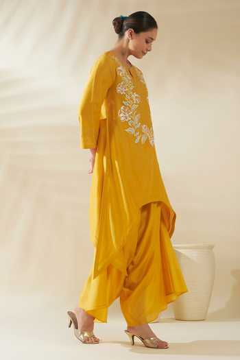 Shop_Origani_Yellow Chanderi Silk Embroidery Round Neck, Asymmetric Resham Kurta And Pant Set _Online_at_Aza_Fashions