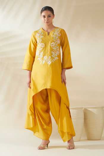 Buy_Origani_Yellow Chanderi Silk Embroidery Round Neck, Asymmetric Resham Kurta And Pant Set _at_Aza_Fashions