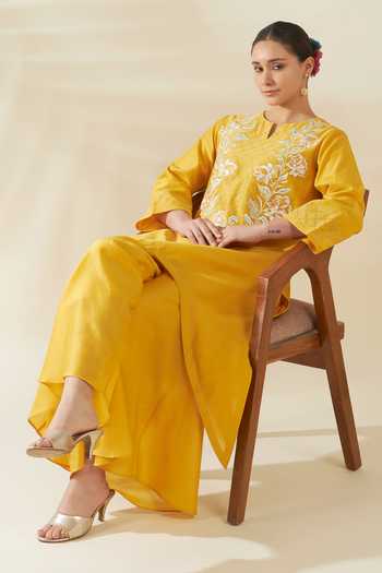 Origani_Yellow Chanderi Silk Embroidery Round Neck, Asymmetric Resham Kurta And Pant Set _at_Aza_Fashions