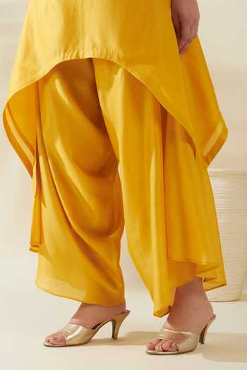 Buy_Origani_Yellow Chanderi Silk Embroidery Round Neck, Asymmetric Resham Kurta And Pant Set 