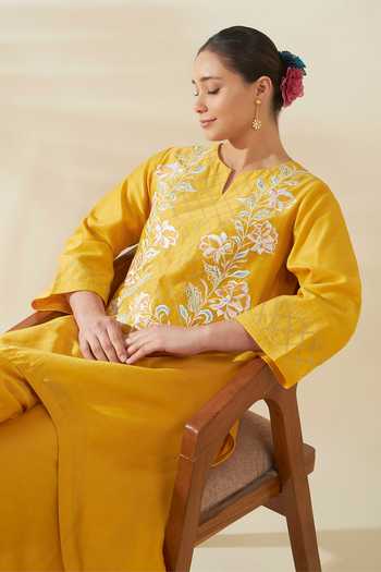 Shop_Origani_Yellow Chanderi Silk Embroidery Round Neck, Asymmetric Resham Kurta And Pant Set 