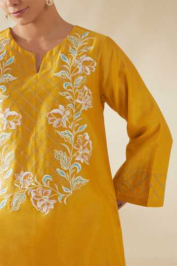 Buy_Origani_Yellow Chanderi Silk Embroidery Round Neck, Asymmetric Resham Kurta And Pant Set _Online