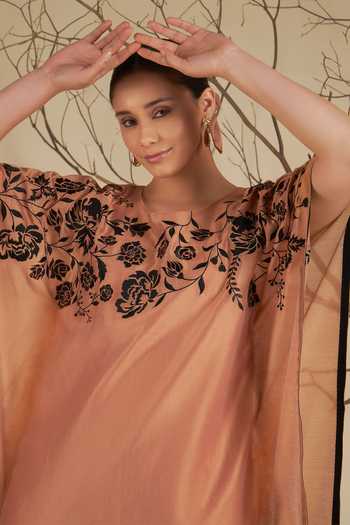 Buy_Origani_Peach Chanderi Silk Embroidery Round Neck Kaftan And Tulip Pant Set _Online_at_Aza_Fashions