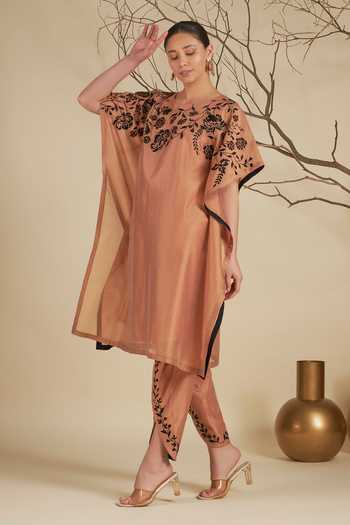 Shop_Origani_Peach Chanderi Silk Embroidery Round Neck Kaftan And Tulip Pant Set _Online_at_Aza_Fashions