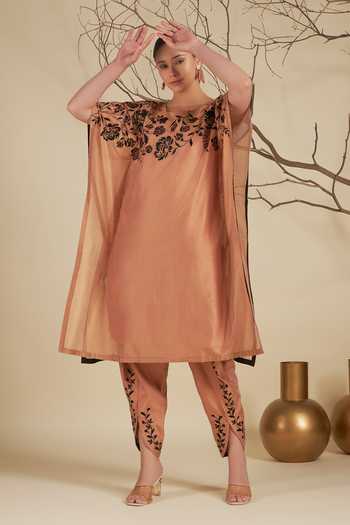 Origani_Peach Chanderi Silk Embroidery Round Neck Kaftan And Tulip Pant Set _at_Aza_Fashions