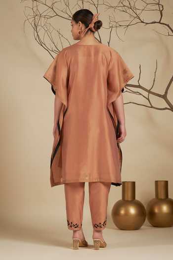 Origani_Peach Chanderi Silk Embroidery Round Neck Kaftan And Tulip Pant Set _Online_at_Aza_Fashions