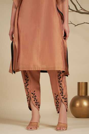 Origani_Peach Chanderi Silk Embroidery Round Neck Kaftan And Tulip Pant Set _Online