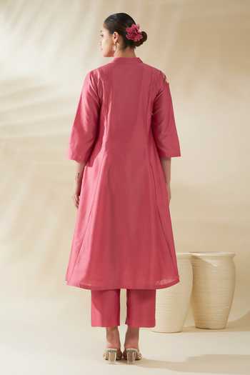 Origani_Pink Chanderi Silk Applique Mandarin Panelled Embroidered Kurta And Pant Set _Online_at_Aza_Fashions