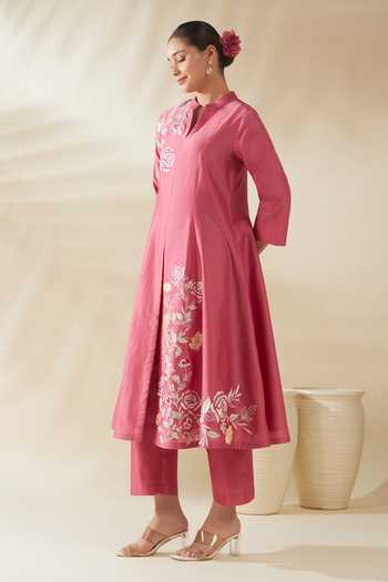 Buy_Origani_Pink Chanderi Silk Applique Mandarin Panelled Embroidered Kurta And Pant Set _Online_at_Aza_Fashions