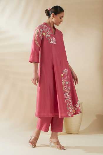 Shop_Origani_Pink Chanderi Silk Applique Mandarin Panelled Embroidered Kurta And Pant Set _Online_at_Aza_Fashions