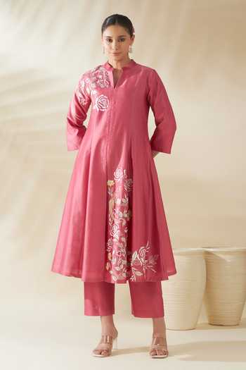 Buy_Origani_Pink Chanderi Silk Applique Mandarin Panelled Embroidered Kurta And Pant Set _at_Aza_Fashions