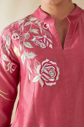 Origani_Pink Chanderi Silk Applique Mandarin Panelled Embroidered Kurta And Pant Set _at_Aza_Fashions