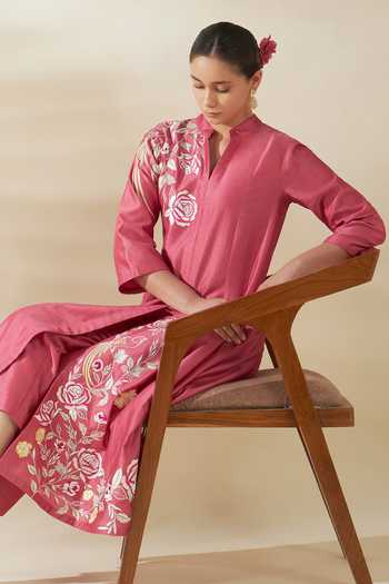 Origani_Pink Chanderi Silk Applique Mandarin Panelled Embroidered Kurta And Pant Set _Online