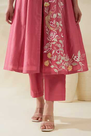 Shop_Origani_Pink Chanderi Silk Applique Mandarin Panelled Embroidered Kurta And Pant Set _Online