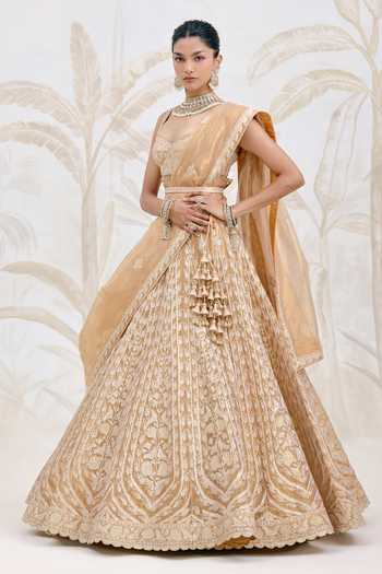 Shyam Narayan Prasad_Gold Silk, Organza, Tissue Gota Patti, Tassels Embroidered Lehenga Set _Online
