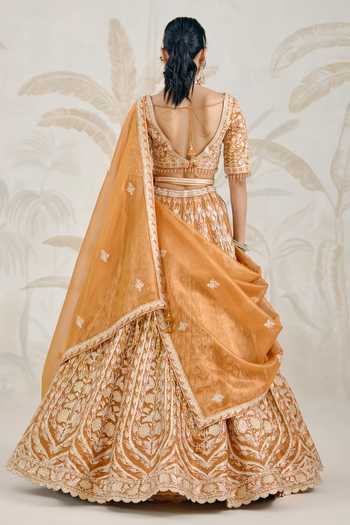 Shop_Shyam Narayan Prasad_Orange Silk, Organza, Tissue Gota Patti Sweetheart Neck Embroidered Lehenga Set _at_Aza_Fashions