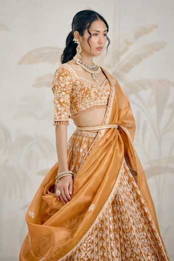 Shyam Narayan Prasad_Orange Silk, Organza, Tissue Gota Patti Sweetheart Neck Embroidered Lehenga Set _Online_at_Aza_Fashions