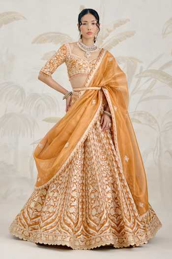 Buy_Shyam Narayan Prasad_Orange Silk, Organza, Tissue Gota Patti Sweetheart Neck Embroidered Lehenga Set _at_Aza_Fashions