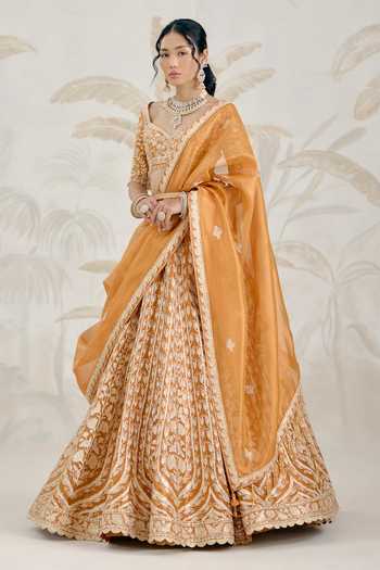 Buy_Shyam Narayan Prasad_Orange Silk, Organza, Tissue Gota Patti Sweetheart Neck Embroidered Lehenga Set _Online_at_Aza_Fashions